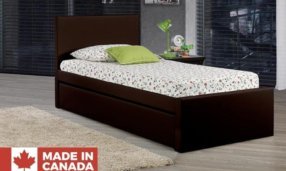 Letto a piattaforma in pelle con contenitore e letto estraibile singolo - Espresso (prodotto in Canada)