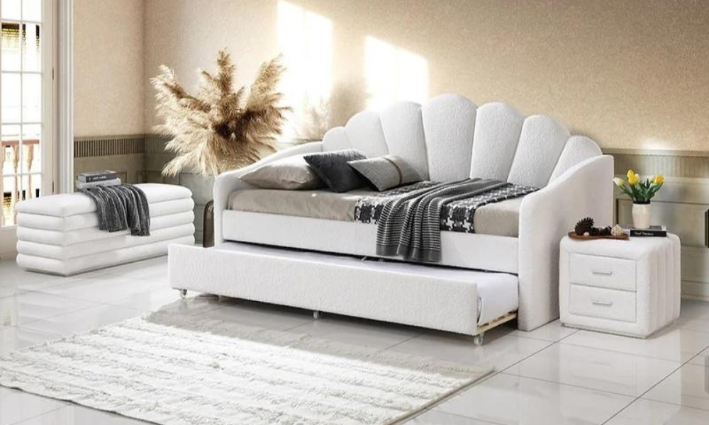 Divano letto in tessuto con pannello trapuntato e letto estraibile singolo - Bianco