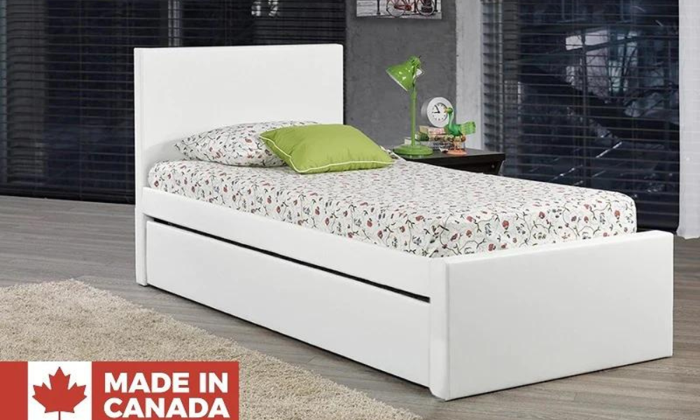 Letto a piattaforma in pelle con contenitore e letto estraibile singolo - Bianco (prodotto in Canada)