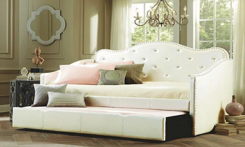 Divano letto con cristallo e rotelle gemelle - Bianco