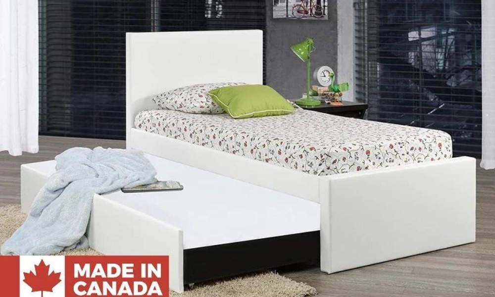 Letto a piattaforma in pelle con contenitore e letto estraibile singolo - Bianco (prodotto in Canada)