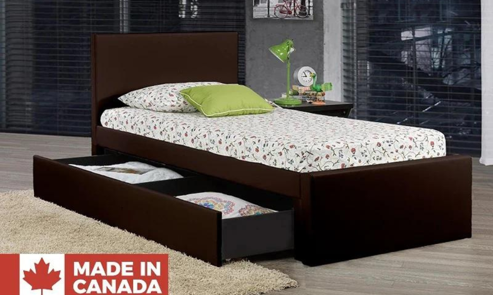 Letto a piattaforma in pelle con contenitore e letto estraibile singolo - Espresso (prodotto in Canada)