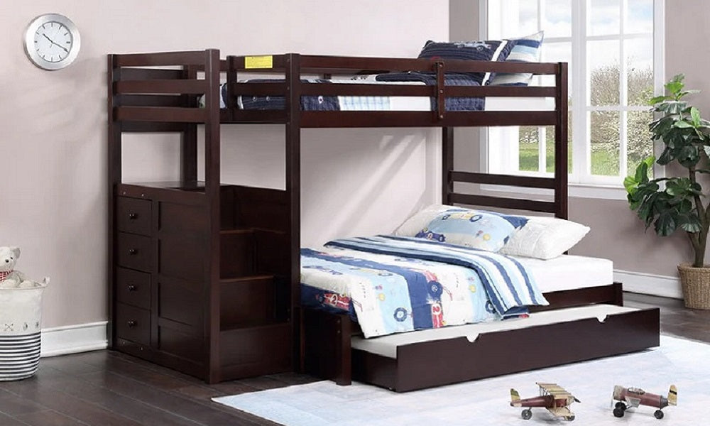 Letto a castello - Singolo sopra matrimoniale con scala a sinistra e cassetti in legno massello - Espresso