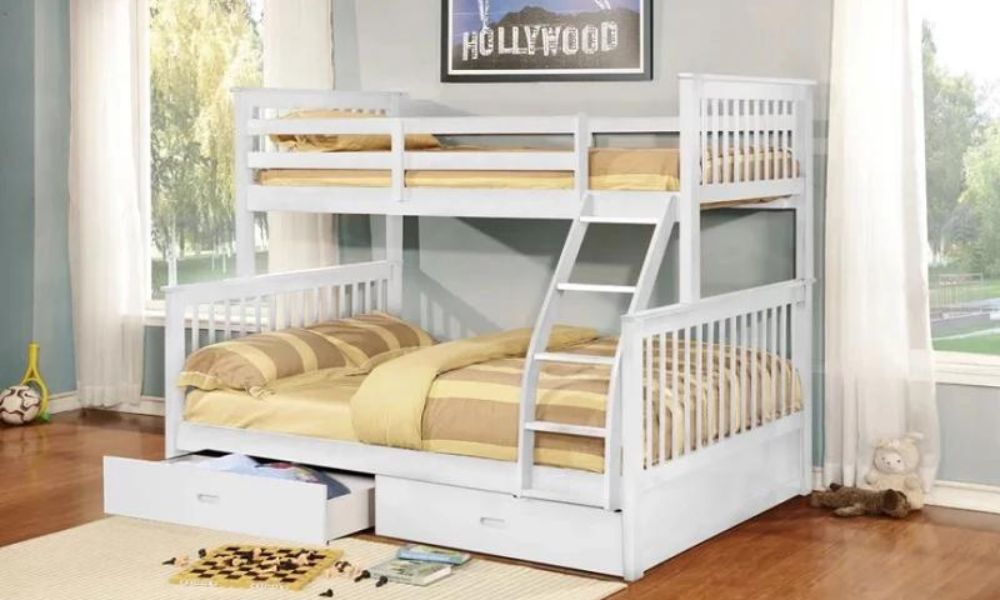 Letto a castello - Singolo sopra il matrimoniale in stile Mission con o senza cassetti in legno massello - Bianco