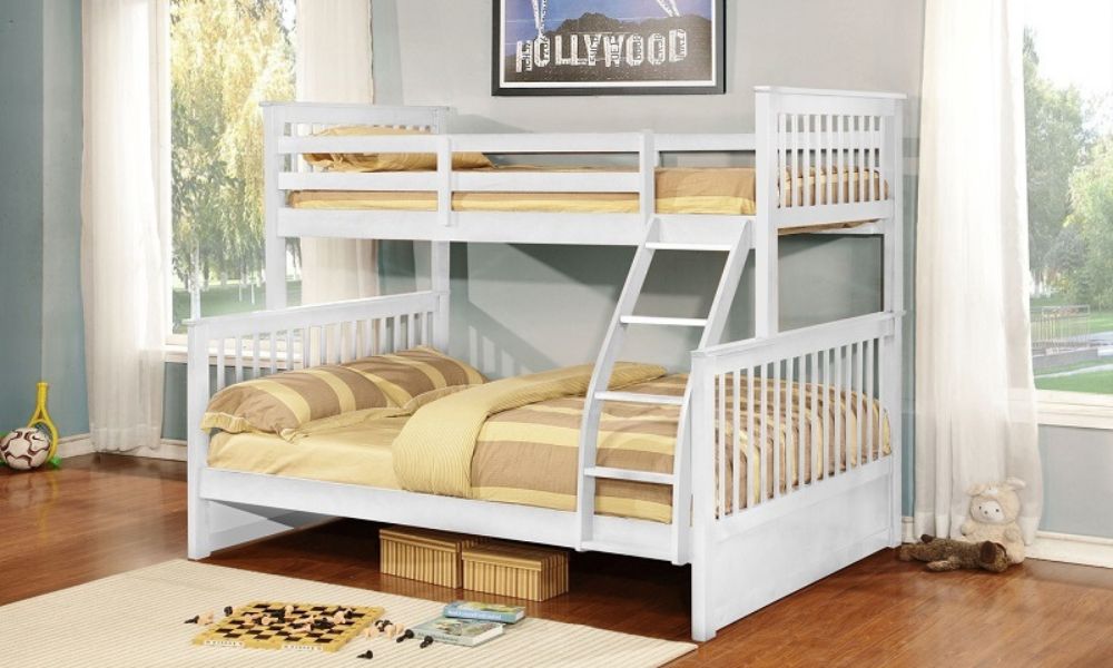 Letto a castello - Singolo sopra il matrimoniale in stile Mission con o senza cassetti in legno massello - Bianco