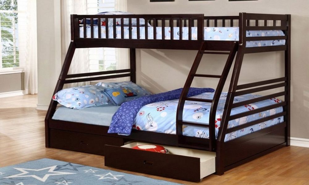 Letto a castello - Singolo sopra matrimoniale con 2 cassetti in legno massello - Espresso