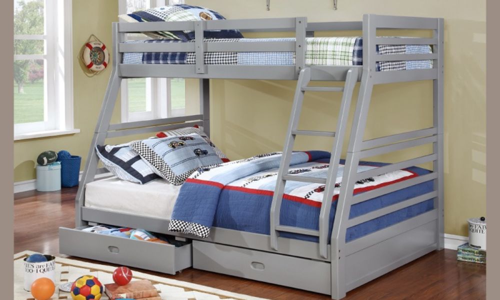 Letto a castello - Singolo sopra matrimoniale con 2 cassetti in legno massello - Grigio