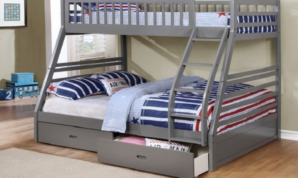 Letto a castello - Singolo sopra matrimoniale con 2 cassetti in legno massello - Grigio