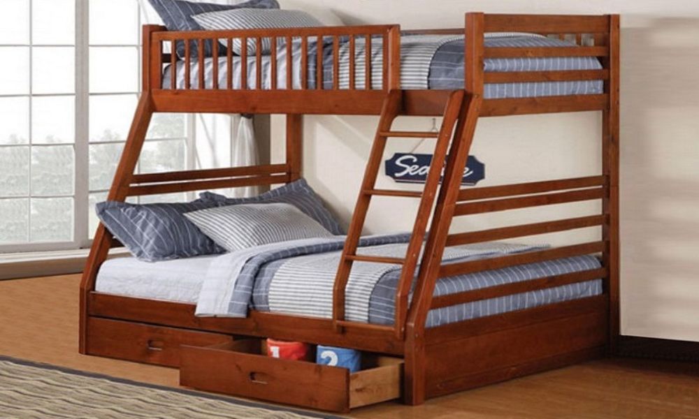 Letto a castello - Singolo sopra matrimoniale con 2 cassetti in legno massello - Miele