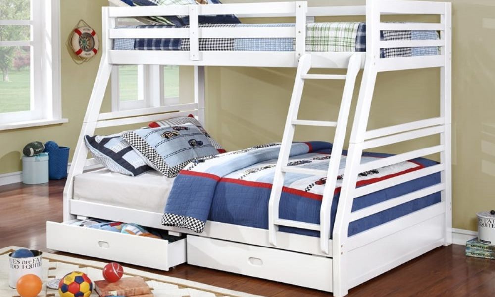 Letto a castello - Singolo sopra matrimoniale con 2 cassetti in legno massello - Bianco