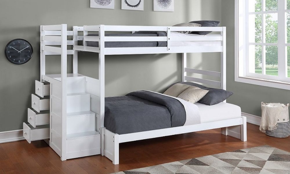 Letto a castello - Singolo sopra matrimoniale con scala a sinistra e cassetti in legno massello - Bianco