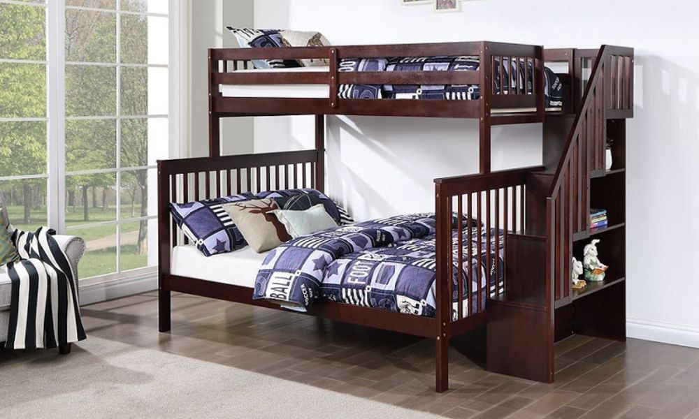 Letto a castello - Singolo sopra il matrimoniale con scala, letto estraibile o 2 cassetti in legno massello - Espresso