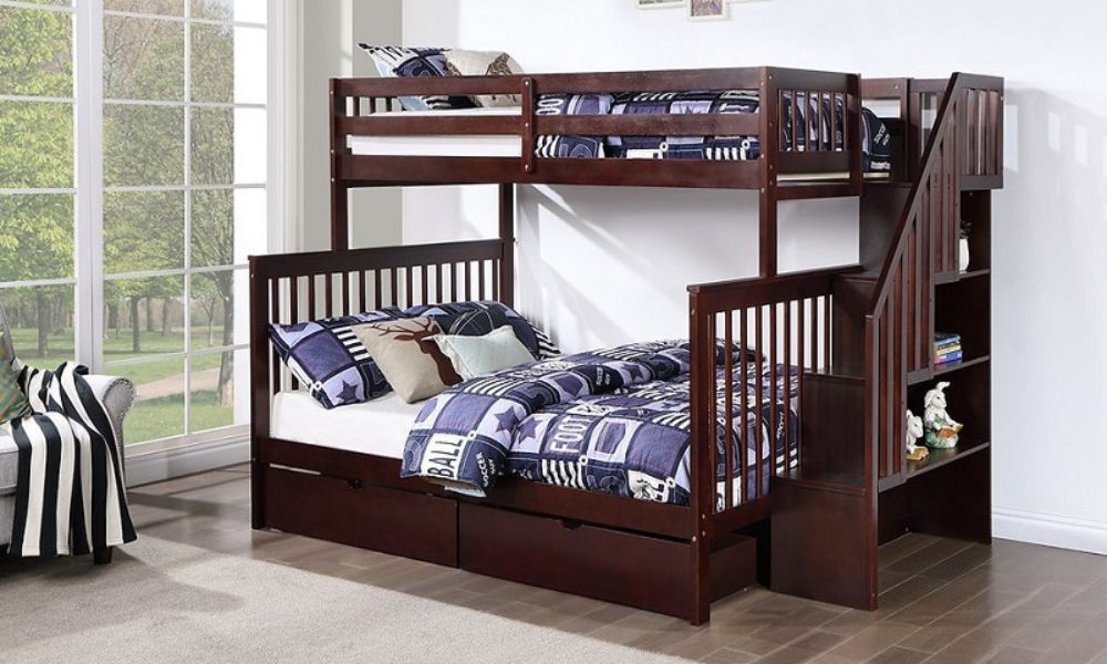 Letto a castello - Singolo sopra il matrimoniale con scala, letto estraibile o 2 cassetti in legno massello - Espresso