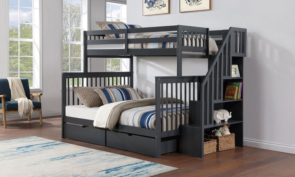 Letto a castello - Singolo sopra il matrimoniale con scala, letto estraibile o 2 cassetti in legno massello - Grigio