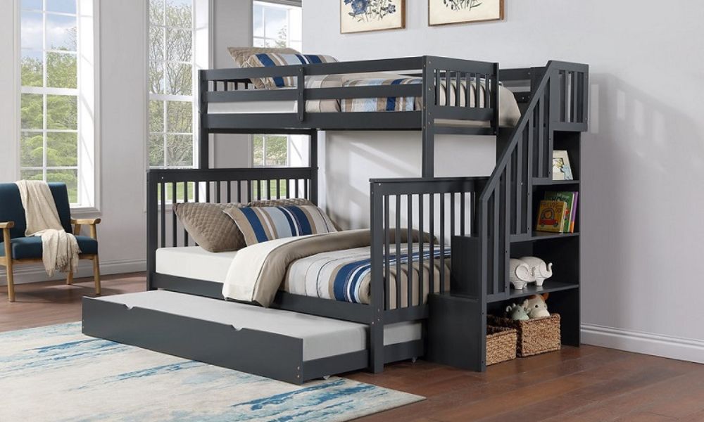 Letto a castello - Singolo sopra il matrimoniale con scala, letto estraibile o 2 cassetti in legno massello - Grigio
