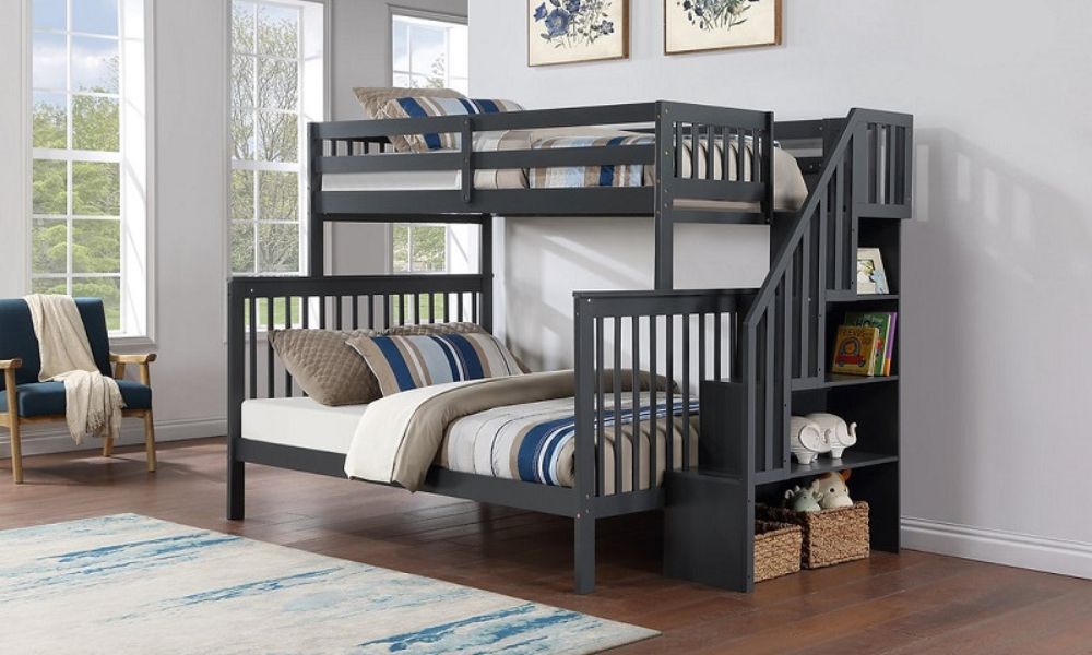 Letto a castello - Singolo sopra il matrimoniale con scala, letto estraibile o 2 cassetti in legno massello - Grigio