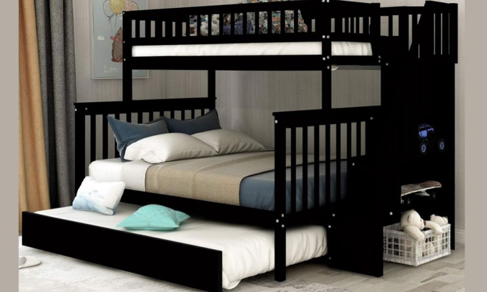 Letto a castello - Singolo sopra il matrimoniale con letto estraibile, contenitore, scala in legno massello - Espresso