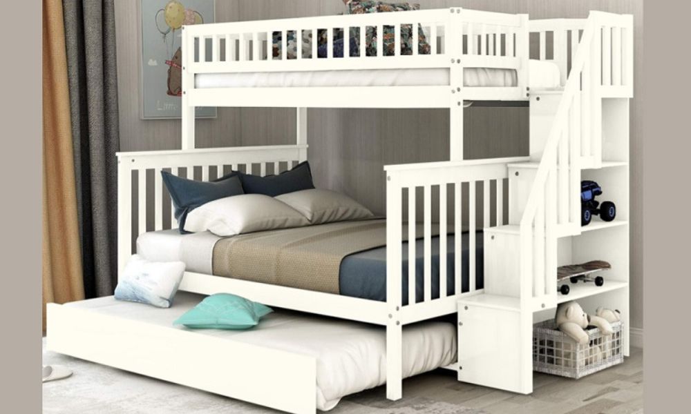 Letto a castello - Singolo sopra il letto matrimoniale con letto estraibile, contenitore, scala in legno massello - Bianco sporco