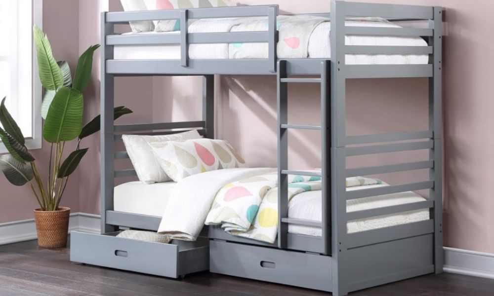 Lit superposé - Lit simple sur lit simple avec 2 tiroirs en bois massif - Gris | Blanc