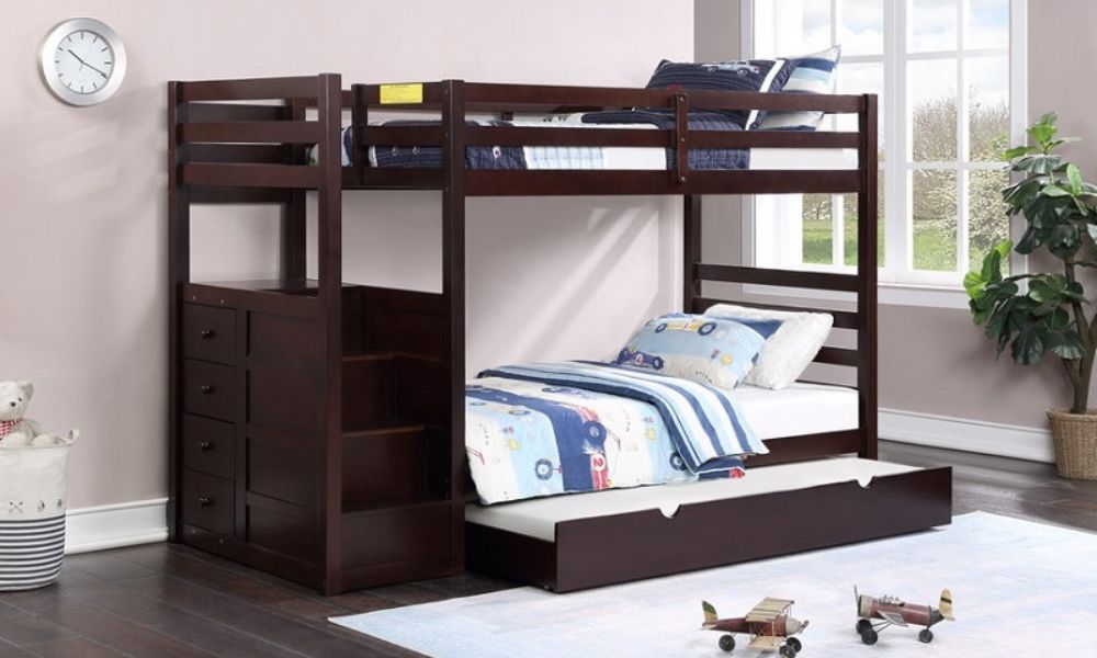 Letto a castello - Singolo su singolo con scala a sinistra e cassetti in legno massello - Espresso