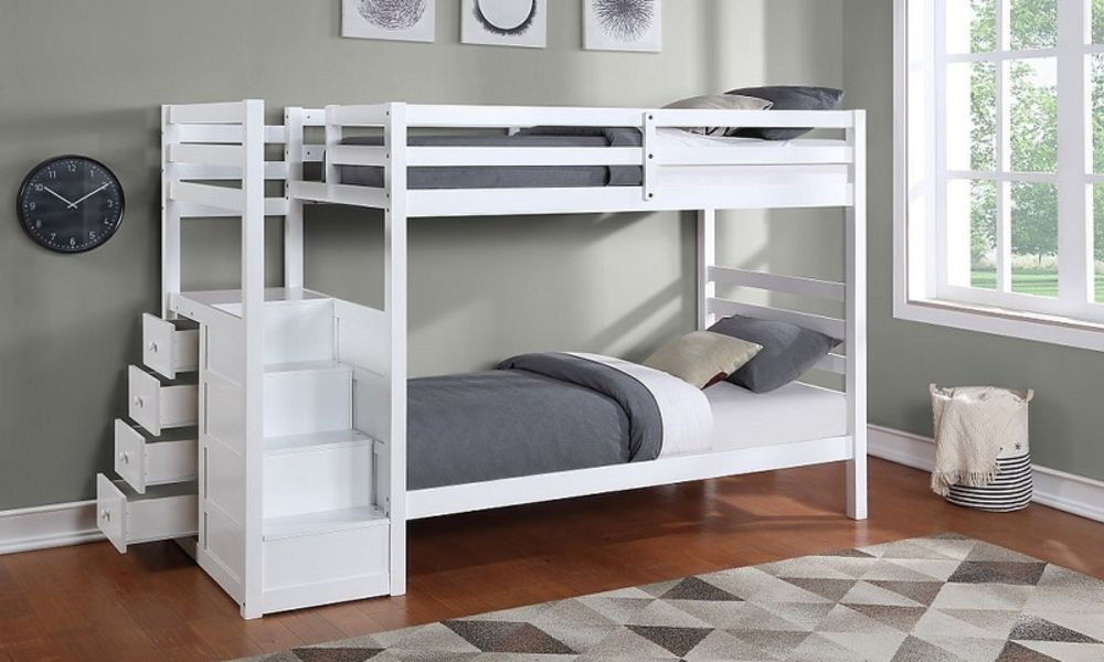 Letto a castello - Singolo su singolo con scala a sinistra e cassetti in legno massello - Bianco