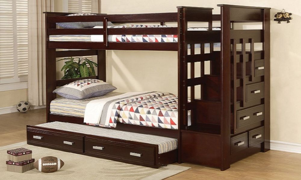 Letto a castello - Singolo su singolo con letto estraibile, cassetti, scala in legno massello - Espresso