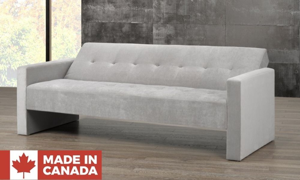 Canapé-lit en tissu avec accoudoirs carrés - Argent (Fabriqué au Canada)