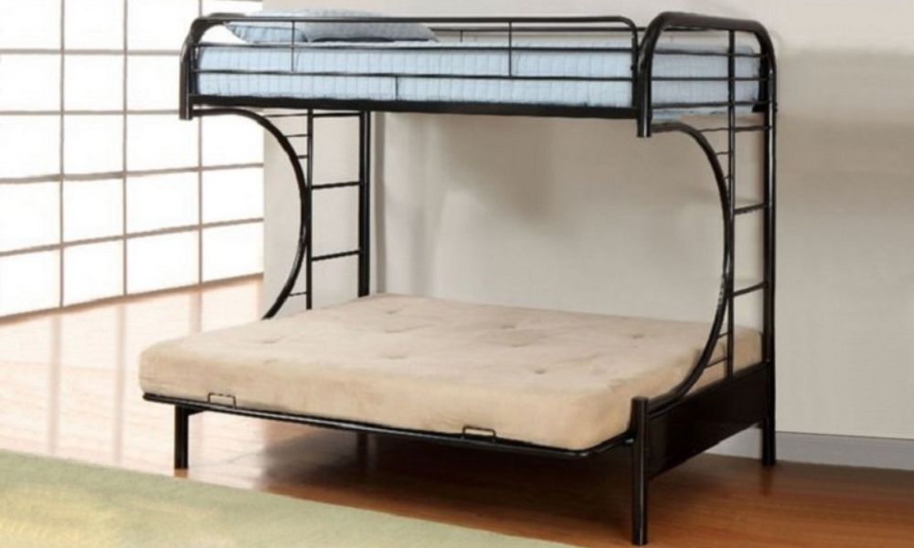 Letto a castello futon - Singolo sopra matrimoniale con metallo - Nero | Bianco | Grigio