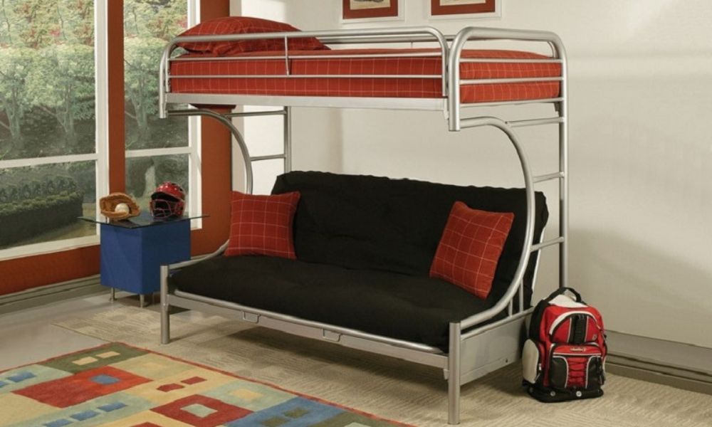 Letto a castello futon - Singolo sopra matrimoniale con metallo - Nero | Bianco | Grigio