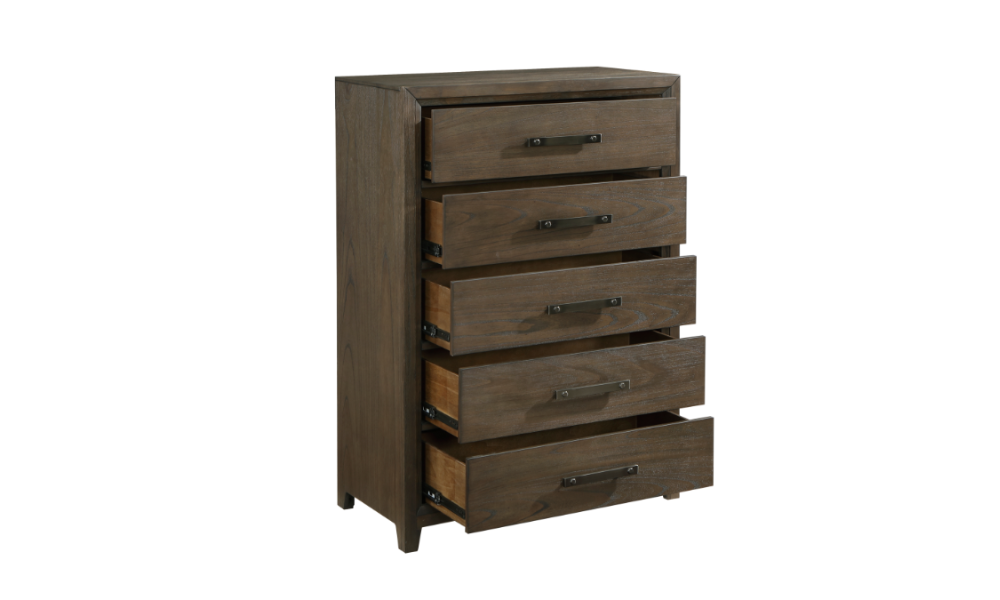 Solid Oak Wood Bedroom Furniture Set - Dark Walnut -  5 Drawer Chest