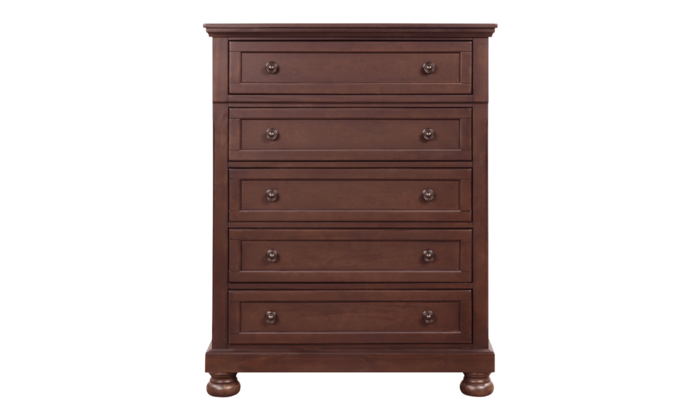 Solid Wood Engineered and Mindy Veneer Bedroom Set - Cherry Brown - 5 Drawer Chest