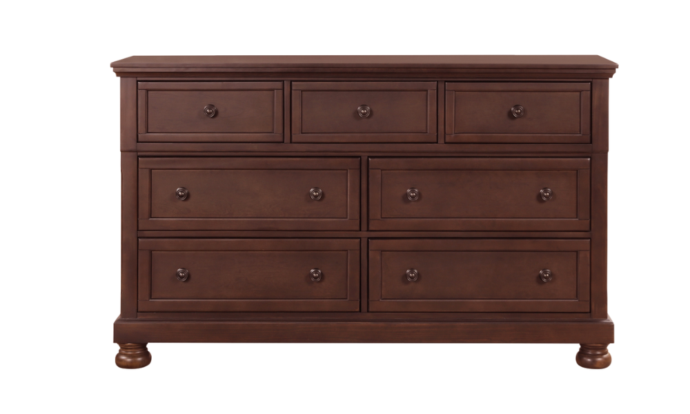 Solid Wood Engineered and Mindy Veneer Bedroom Set - Cherry Brown - 7 Drawer Dresser