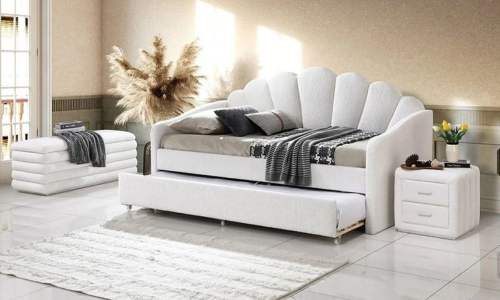 Divano letto in tessuto con pannello trapuntato e letto estraibile singolo - Bianco