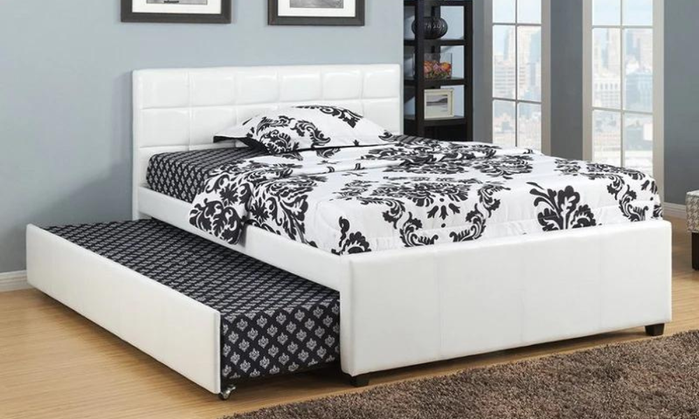 Platform Bed with Leather and Twin Trundle  - White