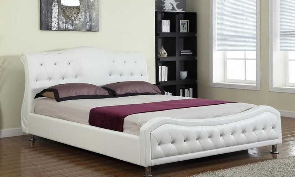 Platform Bed Bonded Leather with Jewels - White