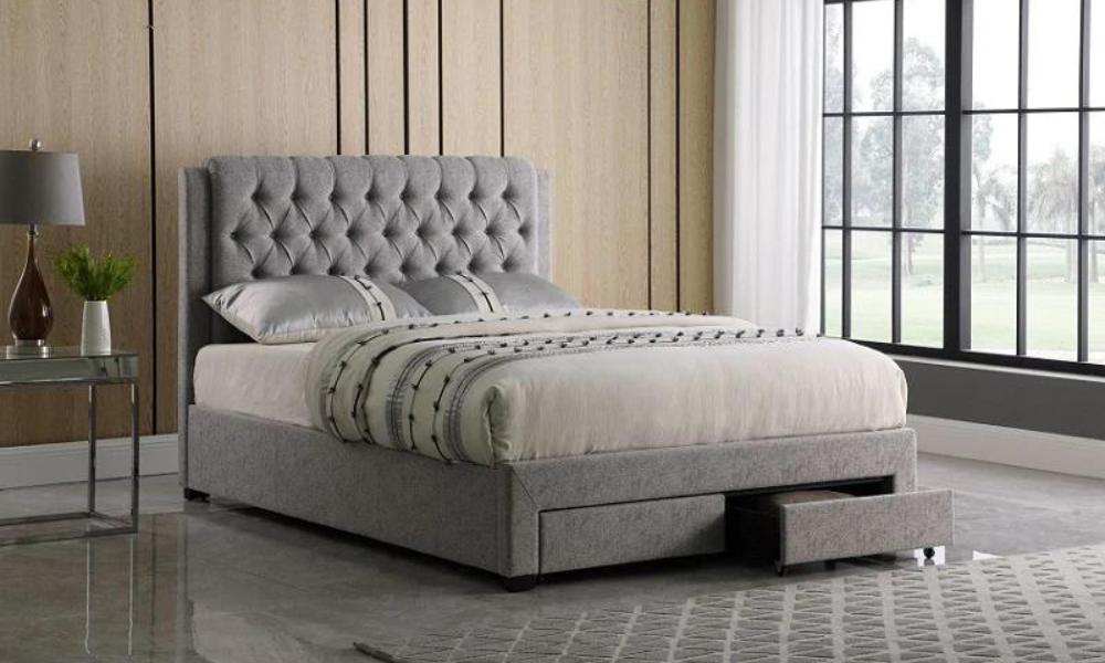 Platform Bed with Button-Tufted Fabric and 2 Drawers - Light Grey