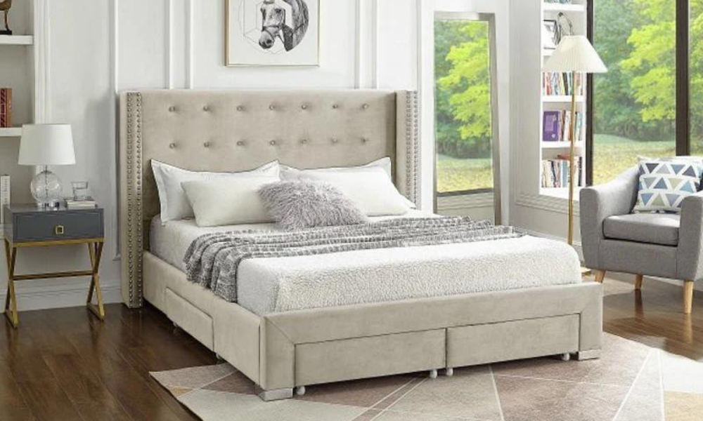 Platform Bed with Button-Tufted Velvet Fabric Wing and 4 Drawers - Beige