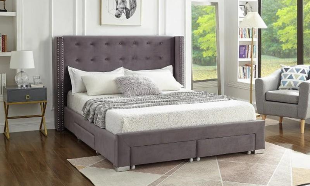 Platform Bed with Button-Tufted Velvet Fabric Wing and 4 Drawers - Grey