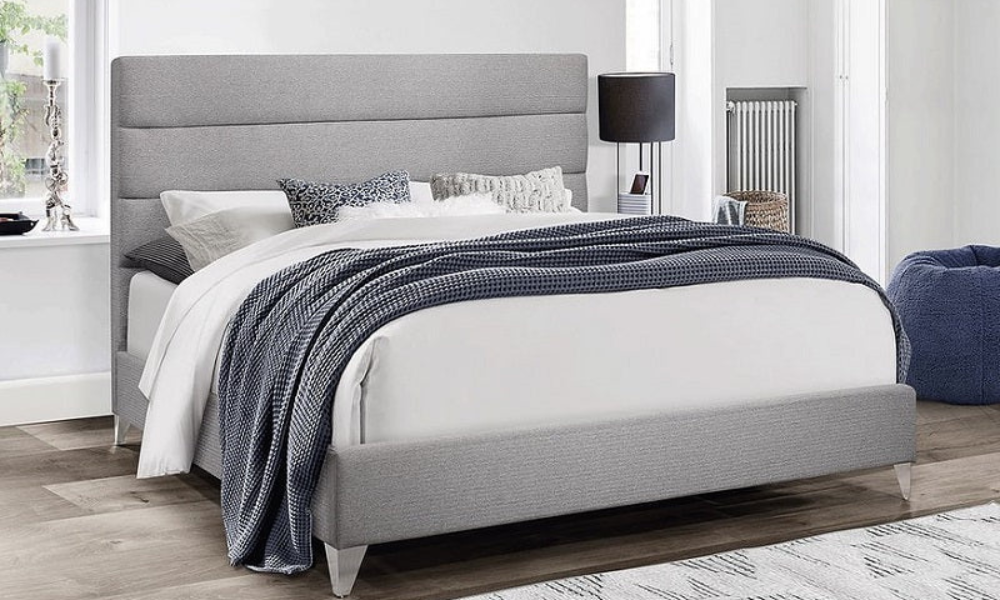 Platform Bed with Linen Fabric and Chrome Legs - Grey