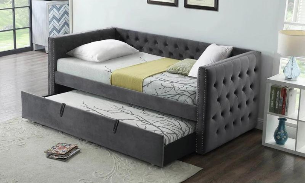 Fabric Day Bed with Nailhead Accents and Twin Trundle - Dark Grey