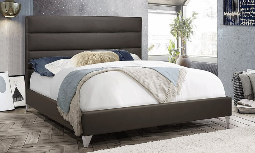 Platform Bed with Leather and Chrome Legs - Dark Grey