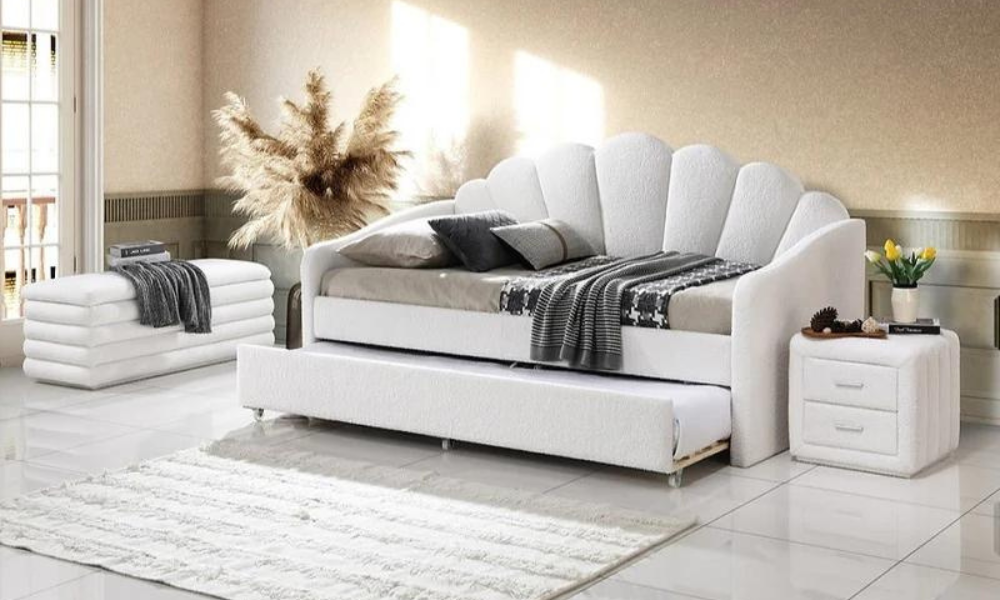 Fabric Day Bed with Panel Tufted and Twin Trundle  - White