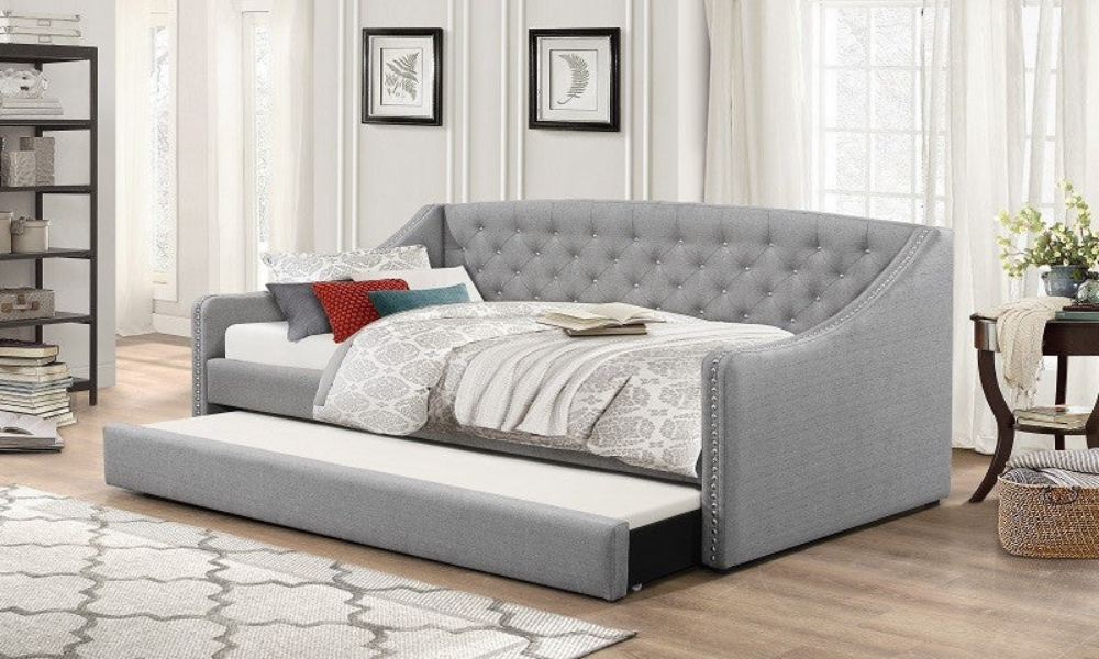 Fabric Day Bed with Nailhead Accents and Twin Trundle - Grey