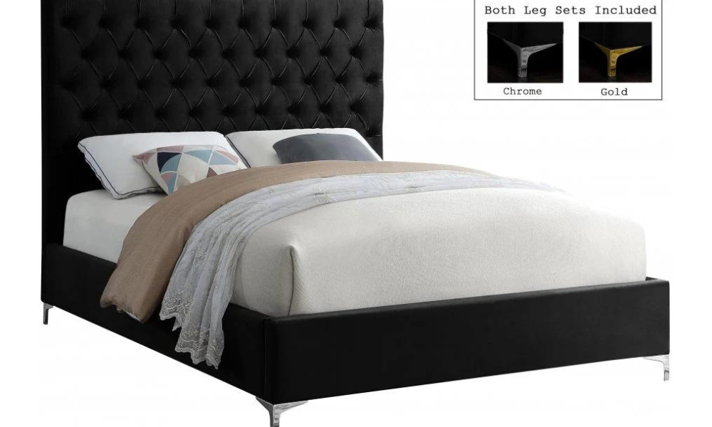 Platform Bed with Velvet Fabric and Gold & Chrome Legs - Black