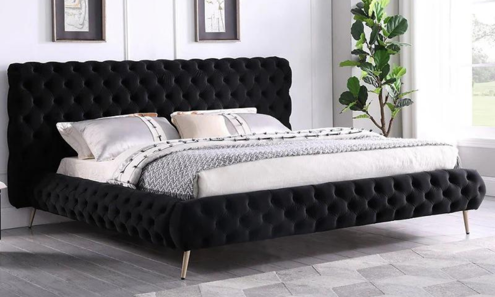 Platform Bed with Velvet Fabric Deep Tufted and Chrome Legs - Black