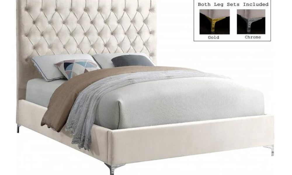 Platform Bed with Velvet Fabric and Gold & Chrome Legs - Beige