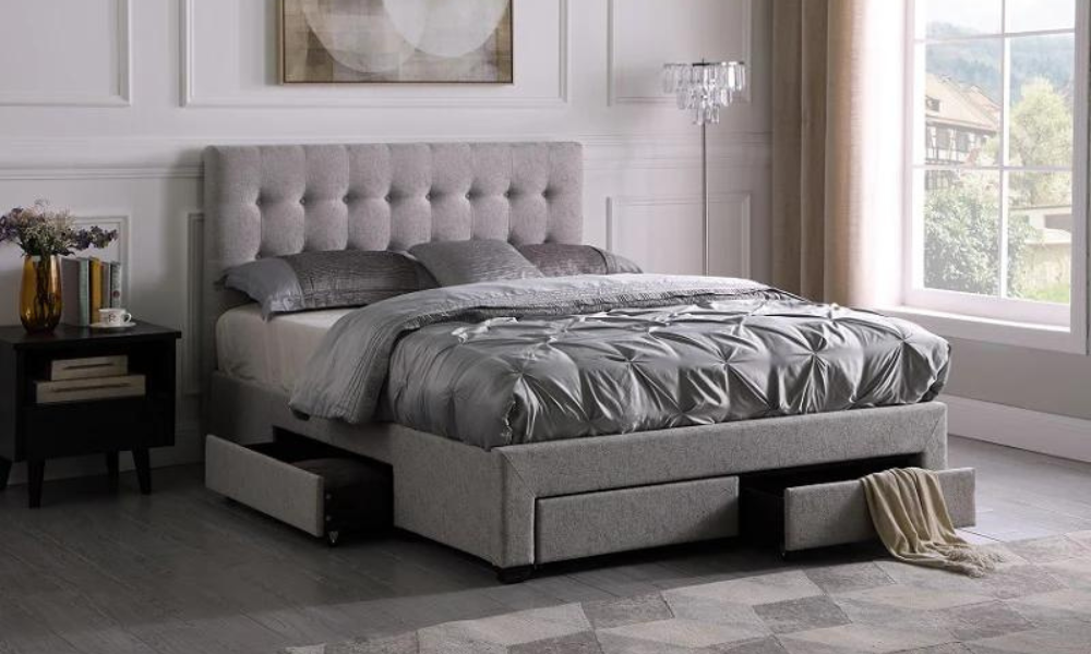 Platform Bed with Button-Tufted Fabric and 4 Drawers - Light Grey