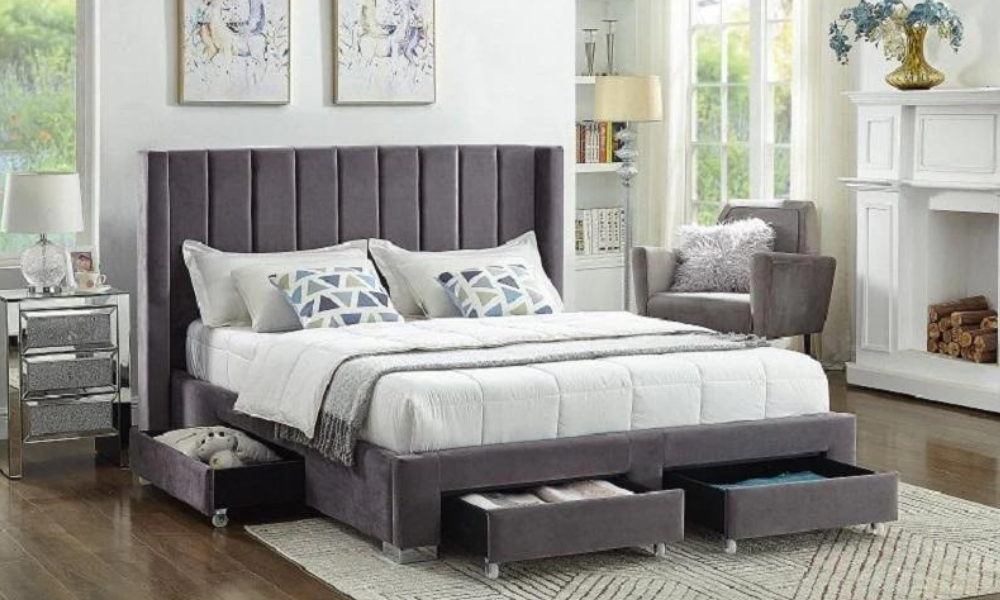 Platform Bed With Deep Line-Tufted Velvet Fabric Wing And 4 Drawers - Grey