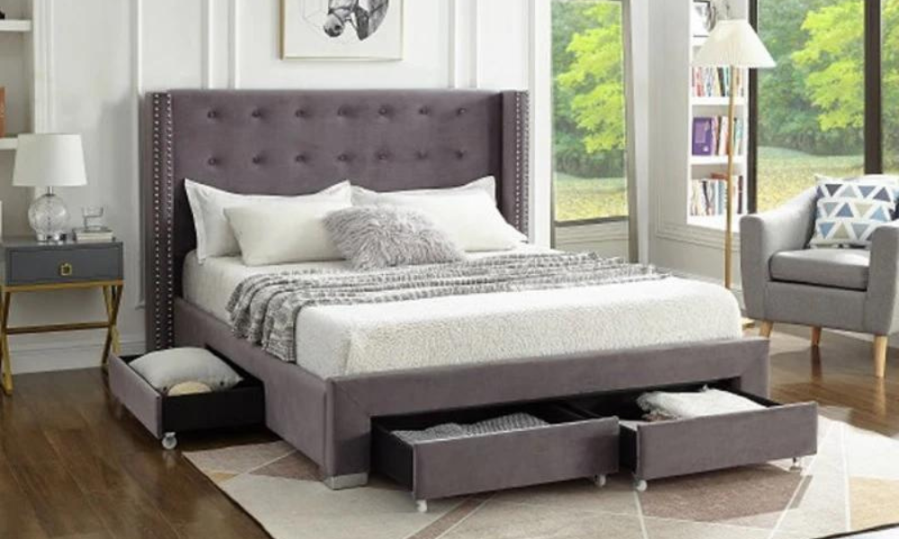 Platform Bed with Button-Tufted Velvet Fabric Wing and 4 Drawers - Grey