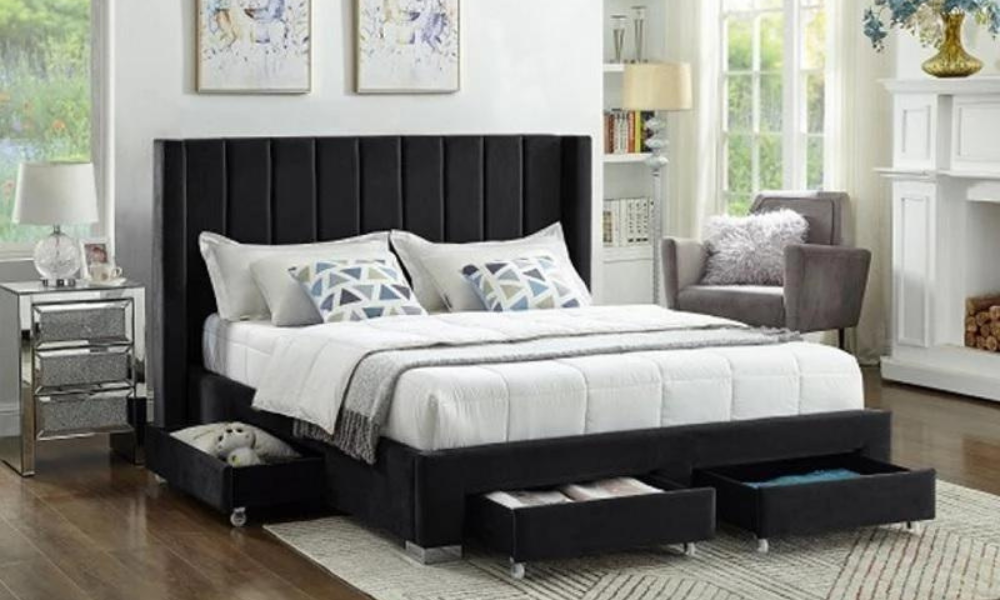 Platform Bed with Deep Line-Tufted Velvet Fabric Wing and 4 Drawers - Black